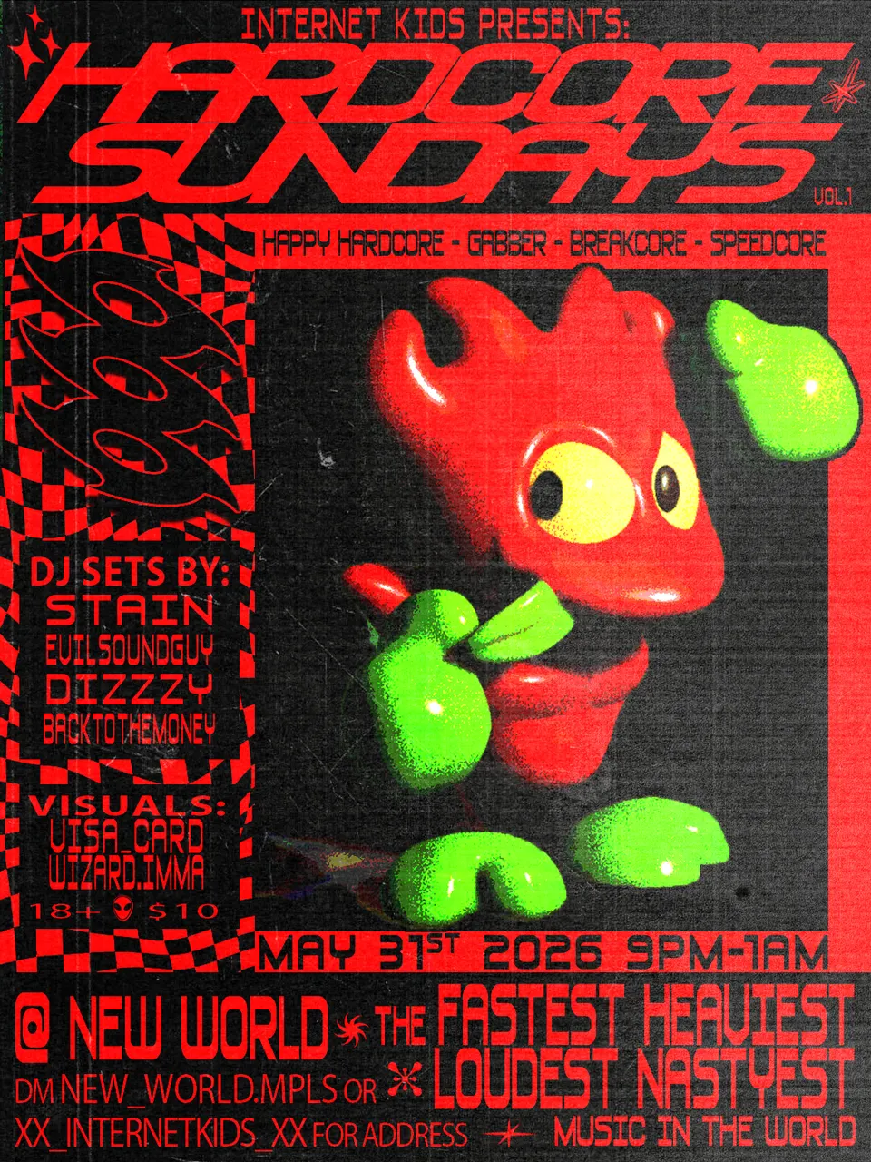Hardcore Sundays Vol. 1 flyer in red and black. A glossy red cartoon creature with green gloves inside a checkerboard frame, May 31st 2026 at New World.