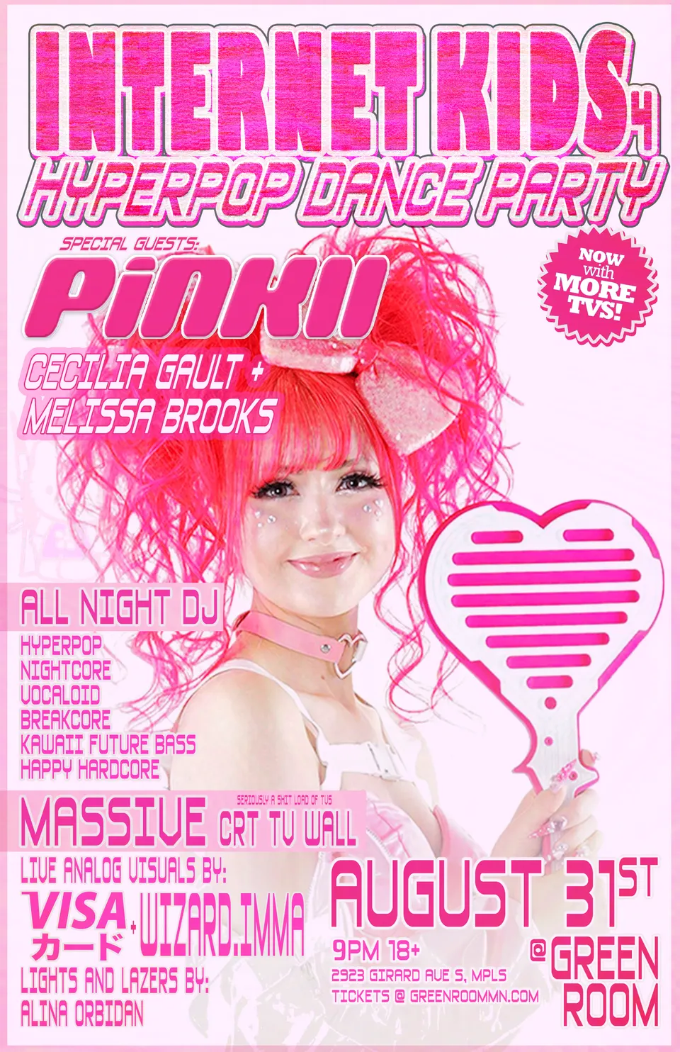 Flyer for Internet Kids 4 in pink. Special guest Pinkii holds a heart-shaped fan, with Cecilia Gault and Melissa Brooks, August 31st at Green Room.